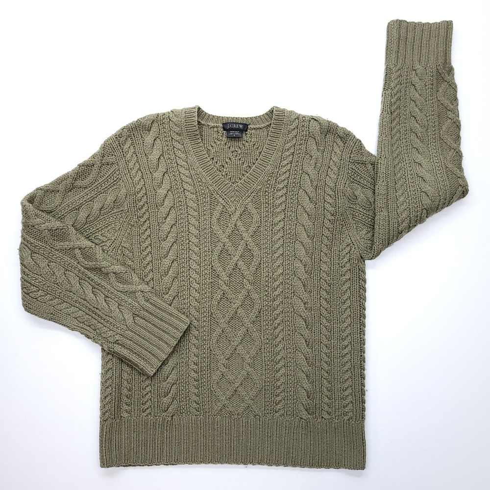 J Crew Sweater Women S Green Cable Knit Fisherman 100% Wool Crew Neck Handknit